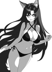 Rule 34 | 1girl, animal ears, bare arms, bare legs, bare shoulders, bikini, breasts, cleavage, collarbone, fang, fingernails, greyscale, groin, imaizumi kagerou, large breasts, long fingernails, long hair, monochrome, navel, onkn sxkn, open mouth, sharp fingernails, simple background, smile, solo, swimsuit, tail, thigh gap, touhou, white background, wolf ears, wolf tail