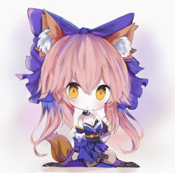 Rule 34 | 10s, 1girl, :o, animal ear fluff, animal ears, bad id, bad pixiv id, blue bow, blue kimono, blue sleeves, blush, bow, breasts, brown eyes, chibi, cleavage, cottontailtokki, detached sleeves, fate/extra, fate (series), fox ears, fox girl, fox tail, full body, hair between eyes, hair bow, hand up, japanese clothes, kimono, long hair, long sleeves, looking at viewer, medium breasts, obi, parted lips, pink hair, sash, sitting, sleeves past fingers, sleeves past wrists, solo, strapless, tail, tail raised, tamamo (fate), tamamo no mae (fate/extra), very long hair, wide sleeves