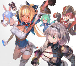 Rule 34 | 5girls, :d, ;d, ^ ^, animal ear fluff, animal ears, animal print, arm cuffs, arm up, armor, armpits, arms behind head, arms up, ascot, bicorne, black coat, black gloves, black headwear, black leotard, black pantyhose, blonde hair, blue bow, blue dress, blue hair, blue shirt, blush, boots, bow, braid, breasts, brooch, butterfly print, carrot hair ornament, center opening, chest belt, cleavage, closed eyes, closed mouth, coat, collared shirt, corset, cowboy shot, cropped jacket, dark-skinned female, dark skin, detached sleeves, don-chan (usada pekora), double bun, dress, elf, eyepatch, fingerless gloves, flat chest, floating, food-themed hair ornament, full body, fur-trimmed footwear, fur-trimmed gloves, fur scarf, fur trim, gloves, green eyes, green hair, grey background, hair between eyes, hair bow, hair bun, hair ornament, hairband, half gloves, hat, highres, hikimayu, hololive, hololive fantasy, houshou marine, jacket, jewelry, kintsuba (shiranui flare), lack, large breasts, leotard, leotard under clothes, light blue hair, long hair, looking at another, looking at viewer, looking to the side, medium breasts, multicolored hair, multiple girls, non-web source, off-shoulder dress, off shoulder, official art, one eye closed, open mouth, pantyhose, parted bangs, pauldrons, pirate hat, pointy ears, ponytail, rabbit ears, red ascot, red eyes, red hair, red jacket, running, shiranui flare, shiranui flare (old design), shirogane noel, shirogane noel (1st costume), shirt, short dress, short hair, short shorts, shorts, shoulder armor, simple background, single pauldron, single thighhigh, sleeveless, sleeveless jacket, sleeves past fingers, sleeves past wrists, small breasts, smile, strap, stretching, tassel, thick eyebrows, thighhighs, thighs, tiara, twin braids, twintails, two-tone hair, two-tone shirt, upper body, uruha rushia, uruha rushia (1st costume), usada pekora, usada pekora (1st costume), vambraces, virtual youtuber, white dress, white hair, white legwear, white shirt, white shorts