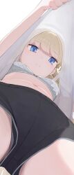 Rule 34 | 1girl, black shorts, blonde hair, blue archive, bra, closed mouth, clothes lift, from below, halo, highres, hiroki (yyqw7151), lifted by self, long hair, navel, panties, panties under shorts, shirt, shirt lift, shorts, simple background, solo, thighs, toki (blue archive), underwear, upshirt, white background, white bra, white panties, white shirt