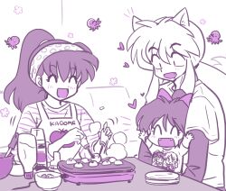 Rule 34 | 1boy, 2girls, :d, animal ears, apron, arms up, black hair, black undershirt, blush, closed eyes, couch, diagonal-striped shirt, dinner, dog ears, drooling, family, fangs, father and daughter, food, hair ribbon, happy, heart, high ponytail, higurashi kagome, holding chibi, husband and wife, indoors, inuyasha, inuyasha (character), long hair, looking at food, mayonnaise, monochrome, moroha, mother and daughter, mouth drool, multiple girls, octopus, open mouth, parent and child, plate, polka dot headband, ponytail, red ribbon, ribbon, shirt, sidelocks, smile, steam, table, takoyaki, takoyaki pan, wanta (futoshi), white hair, white shirt