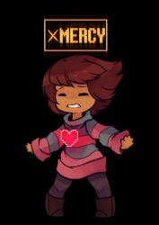Rule 34 | androgynous, black background, boots, brown hair, clenched teeth, closed eyes, frisk (undertale), gameplay mechanics, gender request, heart, raikissu, solo, striped clothes, striped sweater, sweater, teeth, undertale