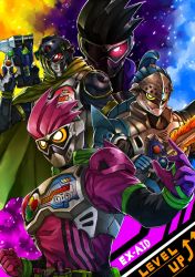 Rule 34 | 4boys, action gamer level 2, bang bang shooting level 2, gashacon magnum, gashacon sword, highres, kamen rider, kamen rider brave, kamen rider ex-aid, kamen rider ex-aid (series), kamen rider genm, kamen rider snipe, male focus, mighty action x level 2, multiple boys, quest gamer level 2, shooter gamer level 2, sword, taddle quest level 2, weapon, yusuki (fukumen)