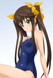 Rule 34 | 10s, 1girl, breasts, brown hair, competition school swimsuit, covered erect nipples, green eyes, highres, huang lingyin, image sample, infinite stratos, long hair, one-piece swimsuit, school swimsuit, sitting, small breasts, solo, sugimura tomokazu, swimsuit, thighs, twintails, wariza