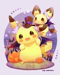 absurdres bat_wings brown_eyes creatures_(company) dog fang game_freak gen_1_pokemon gen_2_pokemon halloween hat highres nintendo open_mouth pichu pikachu pokemon pokemon_(creature) standing ushiina wings