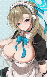 Rule 34 | 1girl, apron, ariko youichi, asuna (blue archive), blue archive, blue bow, blue bowtie, blue eyes, blue halo, bow, bowtie, breasts, choker, cleavage, commentary request, detached collar, dress, halo, hand on own chest, large breasts, light brown hair, long hair, looking at viewer, maid apron, maid headdress, mole, mole on breast, polka dot, polka dot background, puffy short sleeves, puffy sleeves, short sleeves, smile, solo, white apron