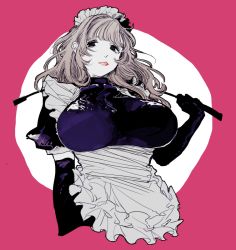 Rule 34 | 1girl, apron, black eyes, bobbbob, breasts, brown hair, commentary, elbow gloves, gloves, holding, large breasts, latex, light brown hair, lips, long hair, looking to the side, maid, maid apron, maid headdress, original, over shoulder, pink background, riding crop, solo, upper body