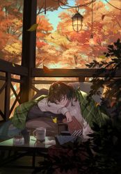 Rule 34 | 1girl, absurdres, autumn, autumn leaves, blanket, book, brown hair, closed eyes, closed mouth, cup, highres, holding, holding book, light, light bulb, long sleeves, original, plant, sakino saku, scenery, short hair, sitting, sleeping, solo, sweater, table, tree, white sweater