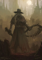 Rule 34 | 1other, ambiguous gender, artist name, bloodborne, capelet, city, copyright name, facing away, from behind, gun, hat, highres, holding, holding gun, holding weapon, hunter (bloodborne), moon, outdoors, ponytail, saw, saw cleaver, solo, standing, torn capelet, torn clothes, torn coat, tripdancer, weapon