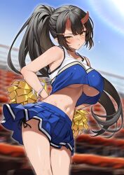 Rule 34 | 1girl, armpits, bare arms, bare shoulders, black hair, blue shirt, blue skirt, blurry, blurry background, breasts, cheerleader, commentary request, crop top, crop top overhang, demon horns, enjo kouhai, hair ornament, hairclip, hands on own hips, highres, holding, holding pom poms, horns, large breasts, long hair, looking at viewer, midriff, miniskirt, navel, origamine ouka, panty straps, parted lips, pleated skirt, pointy ears, pom pom (cheerleading), pom poms, ponytail, shirt, side-tie peek, sidelocks, skirt, sleeveless, sleeveless shirt, solo, stomach, sweat, takunomi, thighs, two-tone shirt, underboob, v-shaped eyebrows, very long hair, yellow eyes