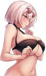 Rule 34 | 1girl, absurdres, azur lane, bare arms, bare shoulders, bikini, black bikini, blush, breasts, eyewear on head, from side, halterneck, hands up, highres, large breasts, navel, official alternate costume, parted lips, red eyes, rikiddo (tise 00), short hair, simple background, sirius (azur lane), sirius (scorching-hot seirios) (azur lane), solo, sunglasses, swimsuit, underboob, upper body, white background, white hair
