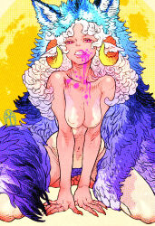 Rule 34 | 1girl, animal ears, arm support, blood, blood on face, breasts, clenched teeth, collarbone, curled horns, curly hair, extra ears, fake animal ears, fingernails, half-closed eyes, hands on ground, highres, horns, kneeling, long hair, looking at viewer, medium breasts, multicolored horns, navel, no nipples, nude, orange horns, original, pelt, pink blood, pink eyes, sharp fingernails, sheep ears, sheep girl, sheep horns, solo, teeth, two-tone horns, white hair, wolf ears, yellow background, yellow horns, yoshikawa tatsuya