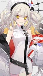 Rule 34 | 1388chan, 1girl, artist name, bare shoulders, blonde hair, breasts, colored inner hair, commentary, cowboy shot, double-parted bangs, dress, eyes visible through hair, fate/grand order, fate (series), grey background, grey hair, grin, hair between eyes, hat, highres, jacket, lipstick, long hair, long sleeves, looking at viewer, makeup, marie antoinette (alter) (fate), marie antoinette (alter) (first ascension) (fate), marie antoinette (fate), multicolored hair, off shoulder, open clothes, open jacket, purple lips, simple background, sleeveless, sleeveless dress, small breasts, smile, solo, standing, twitter username, two side up, very long hair, white dress, white hat, white jacket, yellow eyes
