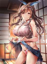 Rule 34 | 1girl, bangle, blouse, blue bow, blue ribbon, blue skirt, blush, bow, bracelet, breasts, brown eyes, brown hair, cleavage, closed mouth, clothes lift, commentary request, covered erect nipples, frills, groin, hair bow, highres, himuro shunsuke, idolmaster, idolmaster shiny colors, indoors, jewelry, lace, lace panties, lamp, large breasts, nail polish, night, panties, pink nails, pink shirt, ponytail, ribbon, ribbon-trimmed panties, shirt, sidelocks, sketch, skindentation, skirt, skirt lift, sleeveless, sleeveless shirt, smile, solo, sweat, swept bangs, tsukioka kogane, underwear