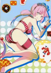 Rule 34 | 1girl, ass, barefoot, bikini, breasts, doughnut, food, fork, hairband, highres, large breasts, long hair, pink hair, solo, swimsuit, tagme, thigh strap, wrist cuffs