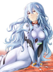 Rule 34 | 1girl, absurdres, ayanami rei, blue hair, bodysuit, colored eyelashes, commentary, evangelion: 3.0+1.0 thrice upon a time, feet out of frame, hair between eyes, hairpods, happy tears, highres, interface headset, ivuki, lcl, long hair, looking up, neon genesis evangelion, partially submerged, plugsuit, rebuild of evangelion, red eyes, simple background, sitting, smile, solo, tears, thighs, v arms, wavy hair, white background, white bodysuit, yokozuwari