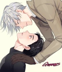 Rule 34 | 10s, 2boys, artist name, black hair, blue eyes, brown eyes, brown gloves, coat, gearous, gloves, hair slicked back, hands on another&#039;s shoulders, katsuki yuuri, leaning back, looking at another, male focus, multiple boys, parted lips, profile, silver hair, viktor nikiforov, yuri!!! on ice