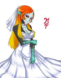 Rule 34 | 1girl, bare shoulders, bouquet, breasts, bridal veil, cleavage, dress, eyeshadow, flower, hair down, jewelry, large breasts, long hair, makeup, maniacpaint, midna, midna (true), necklace, neon trim, nintendo, orange hair, pointy ears, red eyes, smile, solo, spoilers, strapless, strapless dress, the legend of zelda, the legend of zelda: twilight princess, veil, wedding dress