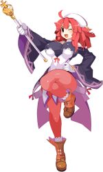 Rule 34 | 1girl, ;d, boots, breasts, brown footwear, coattails, disgaea, disgaea rpg, full body, gloves, hand on own hip, headdress, highres, holding, holding weapon, impossible clothes, la pucelle, large breasts, leg up, long sleeves, marching band baton, medium hair, non-web source, official art, one eye closed, open mouth, outstretched arm, pantyhose, photoshop (medium), pink hair, prier, red eyes, scepter, smile, solo, traditional media, transparent background, weapon, white gloves, wide sleeves