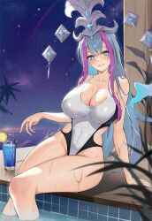 Rule 34 | 1girl, absurdres, aqua eyes, aqua hair, aqua nails, bare shoulders, blush, breasts, character request, cleavage, collarbone, cup, drinking glass, food, fruit, hair ornament, highres, large breasts, lemon, long hair, looking at viewer, multicolored hair, night, one-piece swimsuit, paradox (parapa), parted lips, poll, purple hair, shadowverse, shadowverse flame, sky, star (sky), starry sky, swimsuit, wet, white one-piece swimsuit