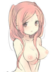 Rule 34 | 1girl, :o, blush, breasts, brown eyes, fire emblem, fire emblem awakening, lowres, nintendo, nipples, red hair, robin (fire emblem), simple background, solo, sweat, teu (navy), twintails