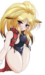Rule 34 | 1girl, animal ears, banpresto, blonde hair, blush, breast slip, breasts, brown eyes, c.r., capcom, curvy, female focus, fox ears, long hair, looking at viewer, namco, namco x capcom, nipples, pelvic curtain, simple background, solo, super robot wars, super robot wars og saga mugen no frontier, thick thighs, thighs, third-party edit, tongue, wide hips, xiaomu