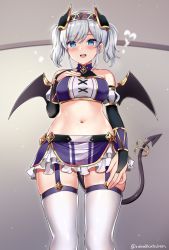 Rule 34 | 1girl, :d, akari (princess connect!), bare shoulders, black wings, blue eyes, blush, breasts, bridal gauntlets, collarbone, commentary, crop top, demon girl, demon tail, demon wings, detached sleeves, frilled skirt, frills, garter straps, gold trim, hair between eyes, hairband, hand on own thigh, heart, highres, indoors, kaetzchen, medium breasts, midriff, navel, open mouth, princess connect!, puffy short sleeves, puffy sleeves, purple hairband, purple skirt, round teeth, short sleeves, silver hair, skirt, smile, solo, standing, steam, tail, tail raised, teeth, thighhighs, twintails, twitter username, upper teeth only, white thighhighs, wings
