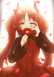 Rule 34 | 1girl, backlighting, blush, bow, brown eyes, brown hair, covering own mouth, dress, dress bow, ekomori eko, falling petals, flower, hair ornament, hand on own cheek, hand on own face, highres, holding, holding flower, long hair, long sleeves, looking at viewer, nail polish, original, parted bangs, petals, solo, straight-on, twintails, uneven eyes, very long hair, yellow eyes