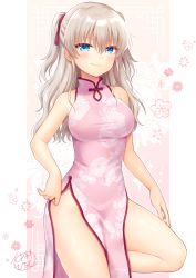 Rule 34 | 1girl, blue eyes, blush, breasts, charlotte (anime), china dress, chinese clothes, closed mouth, commentary request, commission, dress, floral background, floral print, grey hair, hair between eyes, hand on own thigh, highres, large breasts, long hair, looking at viewer, nakamura hinato, pelvic curtain, pink dress, ponytail, print dress, signature, skeb commission, sleeveless, sleeveless dress, smile, solo, standing, standing on one leg, tomori nao