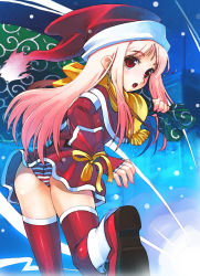 Rule 34 | 1girl, :o, ass, bag, blonde hair, blue background, boots, capelet, christmas, christmas stocking, dress, eyebrows, fingerless gloves, from behind, gloves, gradient hair, hat, hirokiku, holding, holding bag, long hair, looking at viewer, looking back, multicolored hair, original, panties, pantyshot, parted bangs, pink hair, red dress, red eyes, red footwear, red gloves, red thighhighs, ribbon, sack, santa costume, santa hat, scarf, shoe soles, short dress, snowing, solo, standing, standing on one leg, striped clothes, striped panties, thighhighs, underwear, yellow ribbon, yellow scarf