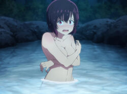 Rule 34 | 1girl, anime screenshot, black hair, blush, breasts, collarbone, completely nude, covering privates, covering breasts, embarrassed, highres, linea alba, medium breasts, mikazuki shizuka, nude, open mouth, partially submerged, red eyes, screencap, short hair, stitched, stomach, third-party edit, water, zom 100: zombie ni naru made ni shitai 100 no koto