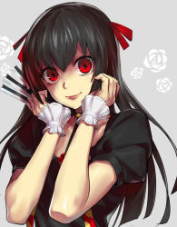 Rule 34 | 1boy, bell, black hair, black shirt, character request, choker, collarbone, floating hair, grey background, hair between eyes, hair ribbon, holding, jingle bell, lipstick, long hair, looking at viewer, makeup, male focus, red eyes, red lips, red ribbon, ribbon, shiromi (ringo), shirt, short sleeves, simple background, smile, solo, suzuya juuzou, tokyo ghoul, upper body