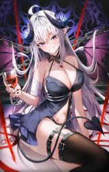 Rule 34 | 1girl, ahoge, alcohol, babydoll, bare arms, bare shoulders, black babydoll, black panties, breasts, brown thighhighs, chain, cleavage, cup, curled horns, demon girl, demon horns, demon tail, demon wings, detached collar, drinking glass, ear piercing, grin, halterneck, head tilt, highres, horns, large breasts, lingerie, long hair, looking at viewer, multi-strapped panties, navel, original, panties, piercing, pointy ears, purple eyes, shuvi (shuvi1125), sidelocks, single thighhigh, smile, solo, spaghetti strap, stomach, string panties, tail, thigh strap, thighhighs, thighs, underwear, very long hair, white hair, wine, wine glass, wings