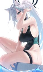 Rule 34 | 1girl, adjusting hair, animal ear fluff, animal ears, blue archive, breasts, competition swimsuit, grey hair, highres, kazane-wind, large breasts, long hair, one-piece swimsuit, shiroko (blue archive), shiroko (swimsuit) (blue archive), sideboob, sitting, solo, swimsuit, thick thighs, thigh strap, thighs, wet, wolf ears