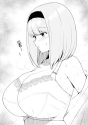 Rule 34 | 1girl, blush, bra, breasts, cleavage, greyscale, headband, highres, huge breasts, long hair, monochrome, original, parted lips, solo, sweat, underwear, undressing, upper body, yue (show-ei)