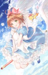 Rule 34 | 1girl, :d, antenna hair, apron, artist name, blue dress, blue footwear, blue sky, blush, bow, brown hair, cardcaptor sakura, cloud, creature, day, dress, feathered wings, flower, flying, frilled dress, frills, full body, fuuin no tsue, gomzi, green eyes, hair bow, hat, kero (cardcaptor sakura), kinomoto sakura, looking at viewer, mary janes, open mouth, outdoors, pink bow, puffy short sleeves, puffy sleeves, round teeth, shoes, short hair, short sleeves, sky, smile, solo, teeth, upper teeth only, wand, white apron, white legwear, wings