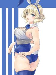 Rule 34 | 1girl, ailiner7060, animal ears, ass, blonde hair, blue eyes, blue neckwear, blue stripes, bow, bowtie, braid, breasts, butt crack, collar, colorado (kancolle), commentary, commentary request, fake animal ears, highres, kantai collection, large breasts, necktie, partial commentary, playboy bunny, rabbit ears, rabbit tail, short hair, side braids, sideboob, sleeveless, tail, thighhighs, white background