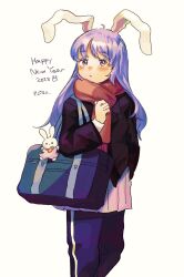 Rule 34 | 1girl, 2023, :/, alternate costume, animal ears, bag, blush, character doll, handbag, happy new year, highres, inaba tewi, jacket, long hair, looking at viewer, mushiao, new year, nose blush, pants, pink eyes, rabbit ears, red scarf, reisen udongein inaba, scarf, school bag, shoulder bag, simple background, solo, stuffed animal, stuffed toy, touhou, white background