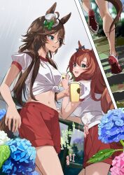 Rule 34 | 2girls, against railing, ahoge, animal ears, bow, breasts, brown hair, comic, cup, disposable cup, ear bow, flower, green eyes, hat, holding, holding cup, horse ears, horse girl, horse tail, long hair, looking at another, maruzensky (umamusume), midriff, mini hat, mini top hat, misu kasumi, mr. c.b. (umamusume), multiple girls, navel, open mouth, railing, rain, red footwear, red shorts, running, shirt, shoes, shorts, small breasts, smile, sneakers, standing, tail, tied shirt, top hat, translation request, umamusume, water drop, wet, wet clothes, wet hair, white shirt