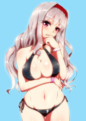 Rule 34 | 1girl, bikini, black bikini, blue background, blush, bracelet, breast hold, breasts, cleavage, covering own mouth, hairband, head tilt, idolmaster, idolmaster (classic), jewelry, large breasts, long hair, navel, niwata, o-ring, o-ring top, purple eyes, shijou takane, side-tie bikini bottom, side-tie bottom, silver hair, simple background, solo, swimsuit, thigh gap