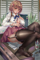 Rule 34 | 10s, 1girl, absurdres, ass, window blinds, bob cut, breasts, brown eyes, brown hair, brown thighhighs, center frills, choker, cleavage, collared shirt, ctrlz77, cup, desk, earrings, energy gun, feet, frills, garter straps, hair ornament, heart, heart hair ornament, highres, holding, holding weapon, indoors, jewelry, large breasts, long sleeves, looking at viewer, matching hair/eyes, monitor, narusawa ryouka, neck ribbon, no shoes, occultic;nine, on desk, panties, paper, parted lips, pen, phone, pink skirt, pleated skirt, ray gun, ribbon, round teeth, shirt, short hair, sitting, skirt, smile, solo, swept bangs, teeth, thick thighs, thighhighs, thighs, underwear, weapon, white panties, white shirt, window