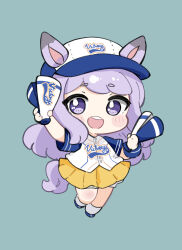 Rule 34 | 1girl, :d, animal ears, baseball cap, blue footwear, blush stickers, chibi, commentary, ears through headwear, full body, hand up, hat, highres, holding, horse ears, horse girl, horse tail, looking at viewer, mejiro mcqueen (let&#039;s go! yes!?) (umamusume), mejiro mcqueen (umamusume), nozo (hitomiz), open mouth, pleated skirt, purple eyes, purple hair, round teeth, shirt, shoes, short eyebrows, short sleeves, simple background, skirt, smile, socks, solo, tail, teeth, thick eyebrows, umamusume, upper teeth only, white hat, white shirt, white socks, yellow skirt
