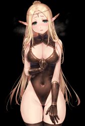 Rule 34 | 1girl, bare shoulders, black background, black gloves, blonde hair, blush, breasts, cleavage, cleavage cutout, clothing cutout, commentary request, covered navel, cowboy shot, elf, etrian odyssey, gloves, green eyes, groin, heavy breathing, highres, jewelry, kazabuki poni, leotard, lips, long hair, looking at viewer, medium breasts, parted bangs, pointy ears, pussy juice, solo, steam, thigh gap, thighhighs, warlock (sekaiju)