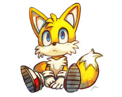 Rule 34 | 1boy, blue eyes, bluekomadori, commentary, english commentary, fox boy, furry, furry male, gloves, highres, male focus, multiple tails, red footwear, simple background, sitting, solo, sonic (series), tail, tails (sonic), traditional media, two tails, white background, white gloves