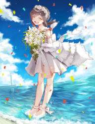 Rule 34 | 1girl, beach, blue sky, bouquet, brown hair, closed eyes, cloud, confetti, daisy, dress, elbow gloves, flower, fubuki (kancolle), gloves, holding, holding bouquet, kantai collection, kurosuke (hipparu), lighthouse, lily (flower), no socks, open mouth, ponytail, ribbon, rose, sky, smile, solo, wading, water, wedding dress, white dress, white flower, white gloves, white lily, white rose