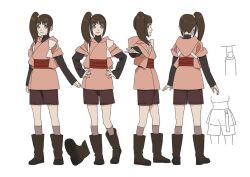 Rule 34 | 1girl, back, boots, brown hair, brown socks, concept art, grey eyes, hands on own hips, japanese clothes, kara (star wars), kimono, long sleeves, official art, ponytail, production i.g, production ig, ribbon, shoes, short hair, short pants, side ponytail, sideways, sketch, smile, socks, star wars, star wars: visions, tied, white background