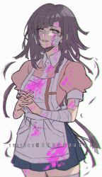 Rule 34 | 1girl, apron, artist name, bandaid, bandaid on face, bandaid on nose, black hair, black skirt, blood, blood on clothes, blood on face, collared shirt, commentary, cowboy shot, criis-chan, cutting hair, danganronpa (series), danganronpa 2: goodbye despair, grey background, interlocked fingers, long hair, open mouth, own hands together, pink blood, pleated skirt, puffy short sleeves, puffy sleeves, shirt, short sleeves, simple background, skirt, solo, symbol-only commentary, teeth, tongue, tsumiki mikan, upper teeth only