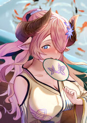 Rule 34 | 1girl, blue eyes, blurry, blush, breasts, cleavage, collarbone, depth of field, draph, fan to mouth, granblue fantasy, hair over one eye, hand fan, highres, horns, japanese clothes, kimono, koi, large breasts, long hair, narmaya (granblue fantasy), parted bangs, pink hair, pink pupils, pizzicato il, pointy ears, ponytail, solo, very long hair, wide sleeves, yukata
