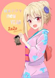 Rule 34 | 1girl, 2020, absurdres, animal, artist request, blue flower, commentary request, fate/grand order, fate (series), flower, from side, happy new year, heracles (fate), highres, holding, holding animal, illyasviel von einzbern, japanese clothes, kimono, medium hair, mouse (animal), new year, pink background, pink kimono, red eyes, simple background, solo