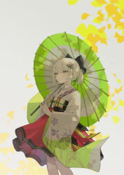 Rule 34 | 1girl, absurdres, ahoge, arknights, black bow, bow, commentary request, grey background, grey umbrella, hair bow, hair ornament, highres, holding, holding umbrella, japanese clothes, kimono, long sleeves, miike (992058), obi, oil-paper umbrella, ponytail, red skirt, sash, scene (arknights), scene (betsushi) (arknights), sidelocks, simple background, skirt, solo, standing, umbrella, white hair, white kimono, wide sleeves, yellow eyes